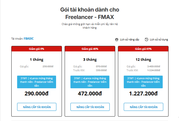 vLance cung cấp các gói tài khoản nâng cấp giúp freelancer chào giá dễ dàng